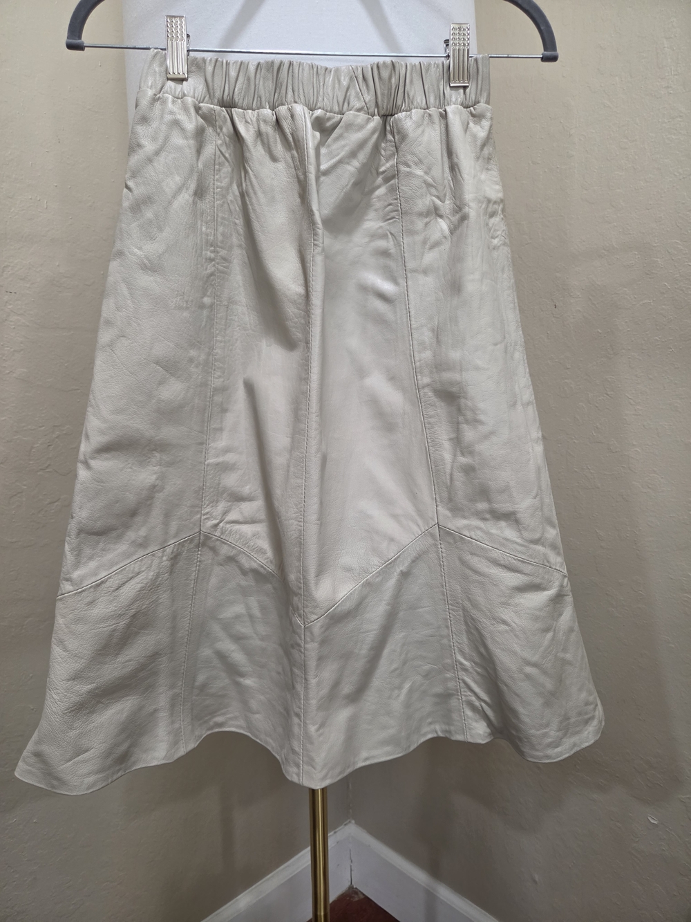 VTG Erez Cream Genuine Leather Paneled Midi Skirt Size M Made in USA